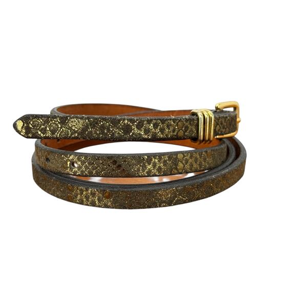 Banana Republic Skinny Belt Metallic Snake Print SZ L Women’s Gold Brown Italian - Picture 2 of 10